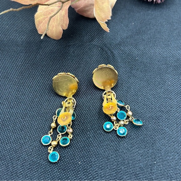 Vintage Turquoise Crystal Convertible Drop Dangle Clip On Earrings - Picture 5 of 6